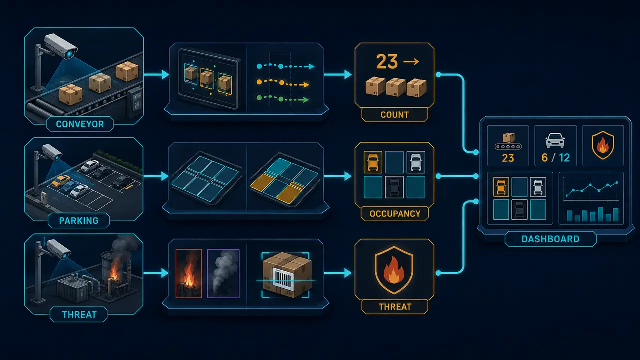 Conveyor Counting, Parking Occupancy & Threat Analytics project workflow and system architecture