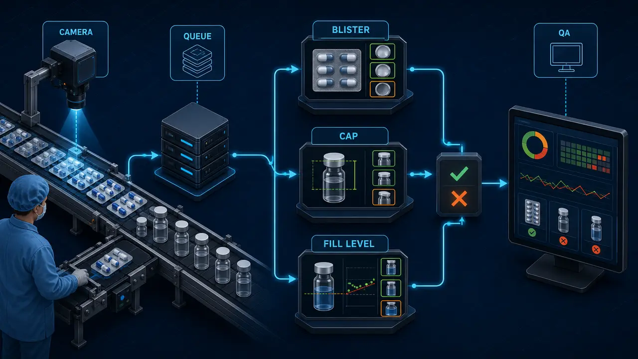Pharma Blister Pack, Cap-Seal & Liquid Fill Inspection project workflow and system architecture