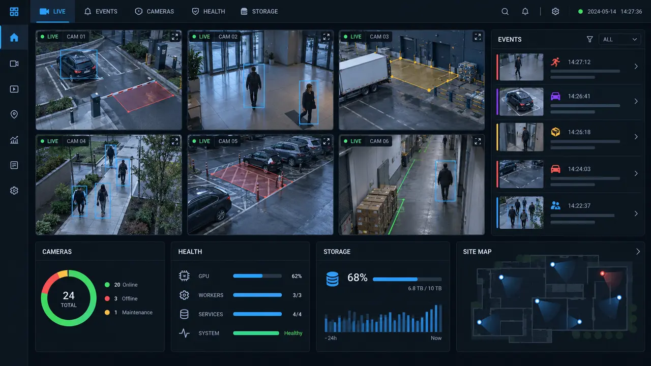 VisionGuard dashboard with live CCTV feeds, spatial event overlays, evidence, camera status, and system health